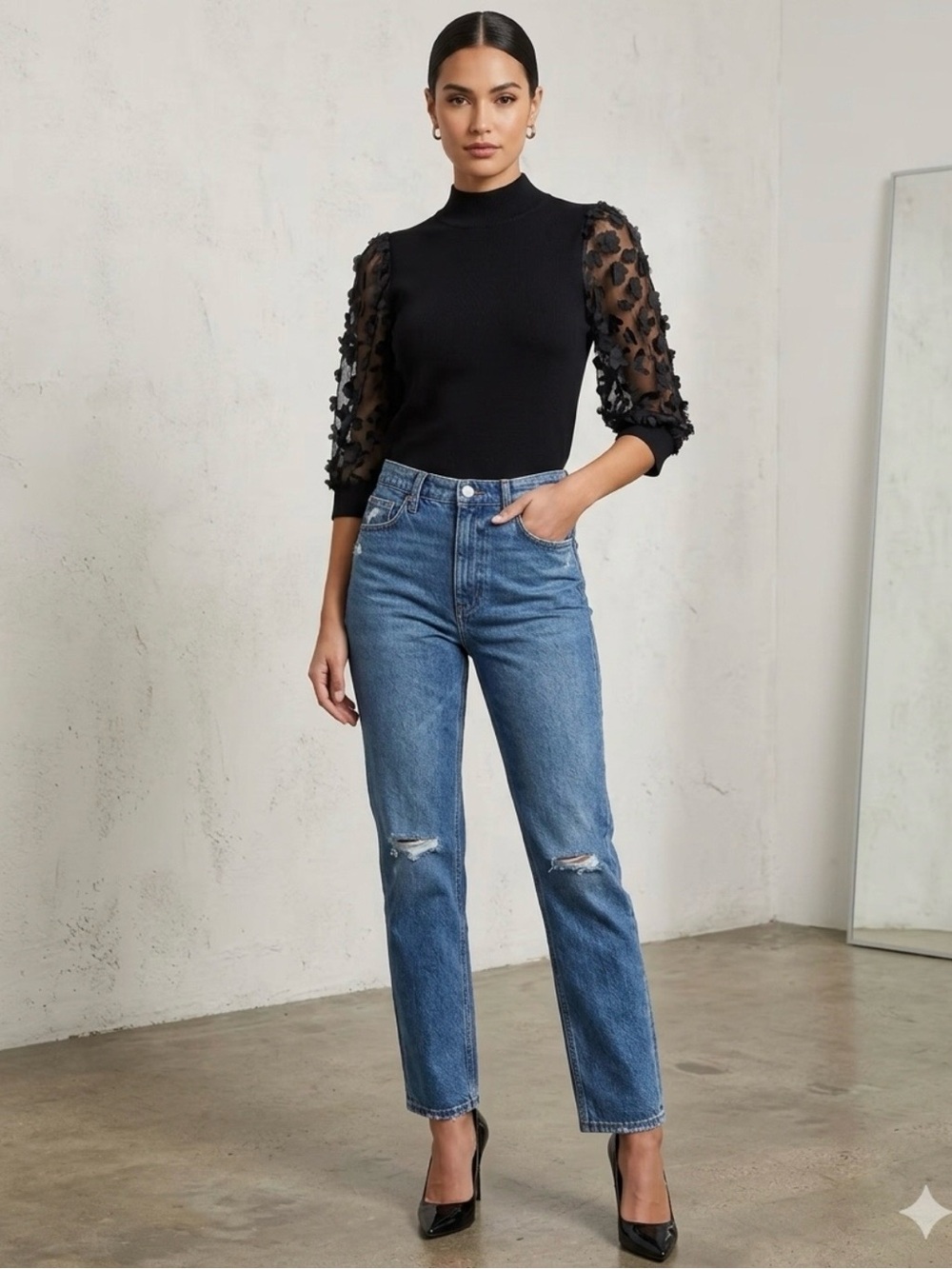 Catherine Malandrino NWT Black Knit Body Top Sheer Sleeves Size M